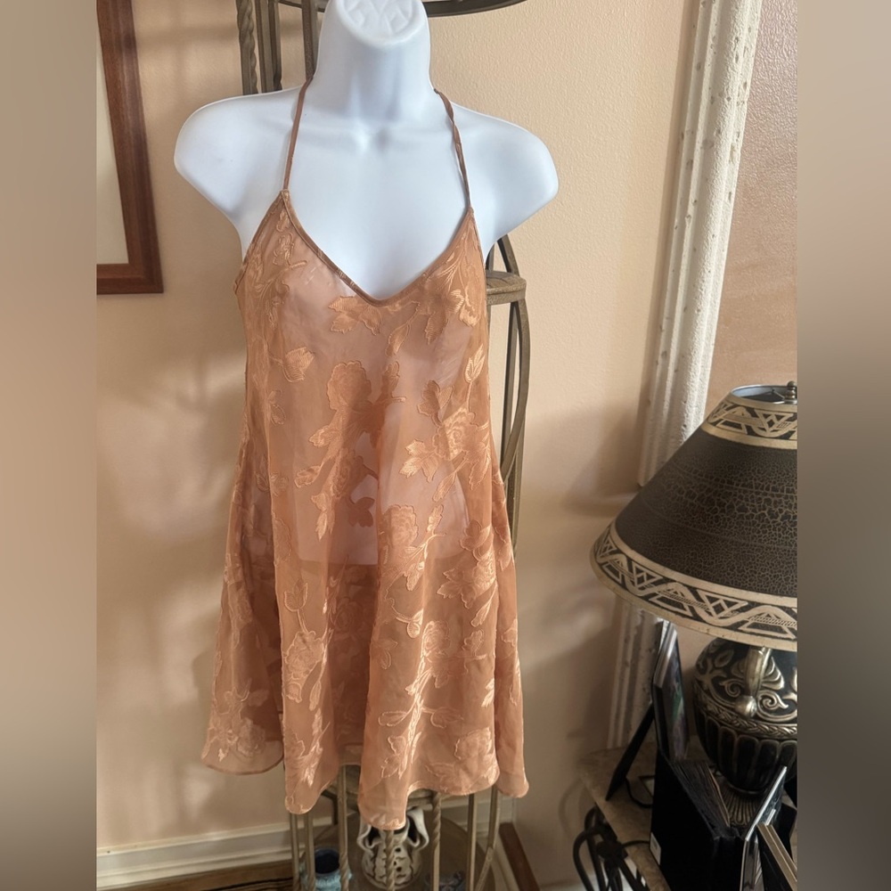 Vintage California Dynasty Golden Sheer Floral Chemise Slip Nightgown Dress M